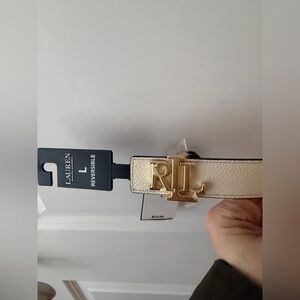 Lauren Ralph Lauren Cream Leather Belt with Gold RL Buckle
